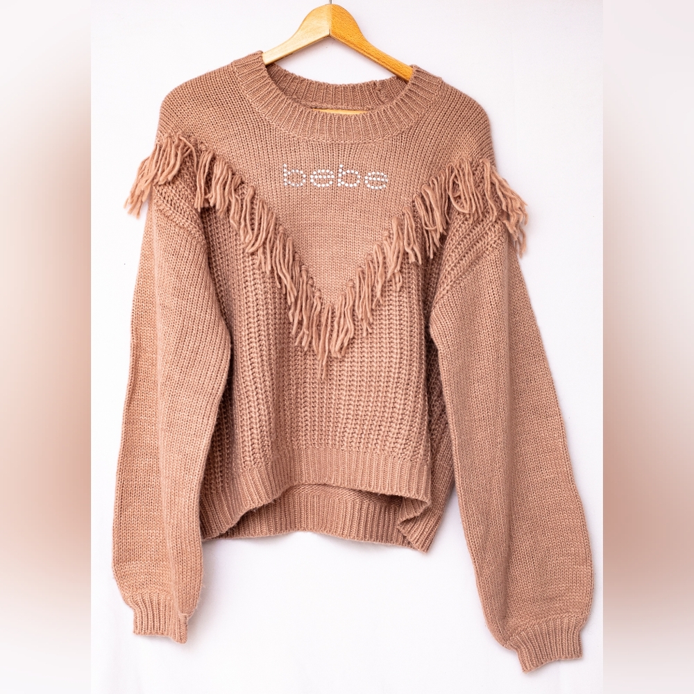 bebe XL fringe sweater tan